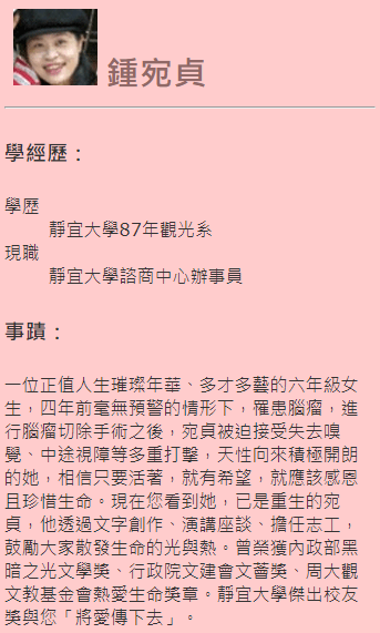 第一屆傑出校友-鍾宛貞